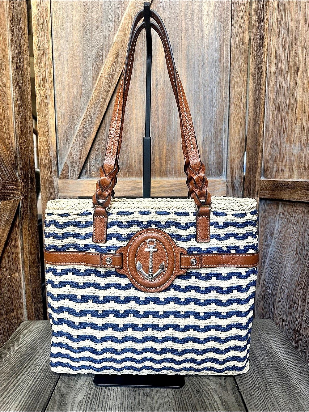 Brighton Nautical Anchor Magnolia Straw Tote Shoulder Handbag in Blue & Cream